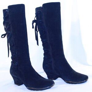 SOFFT Size 8.5 Black Suede Knee High Side Zip Back Tie Wedge Heel Boots 1404621